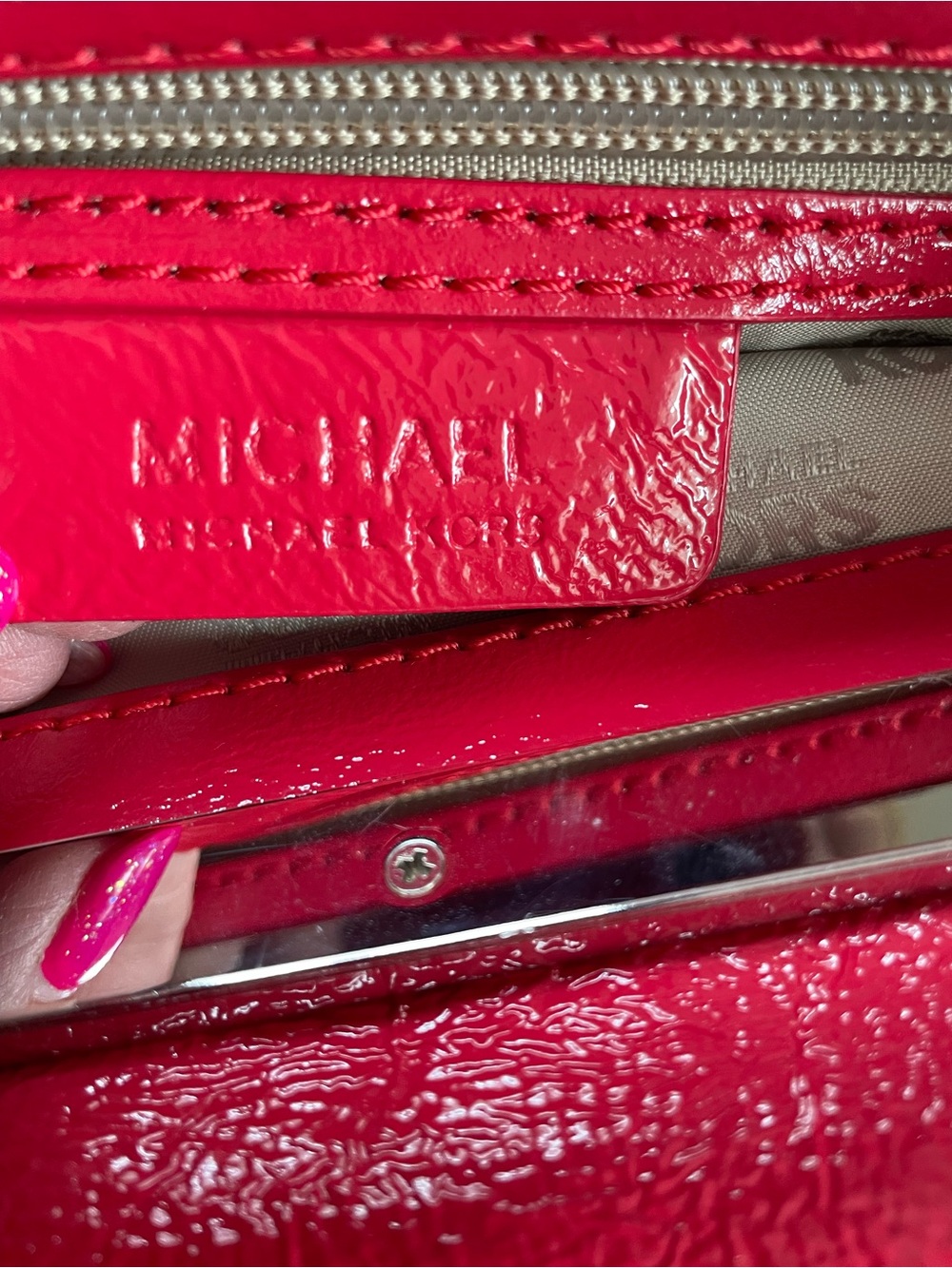 MICHAEL Michael Kors Red Patent Leather Clutch with Rectangular Metal Handle - Picture 5 of 7